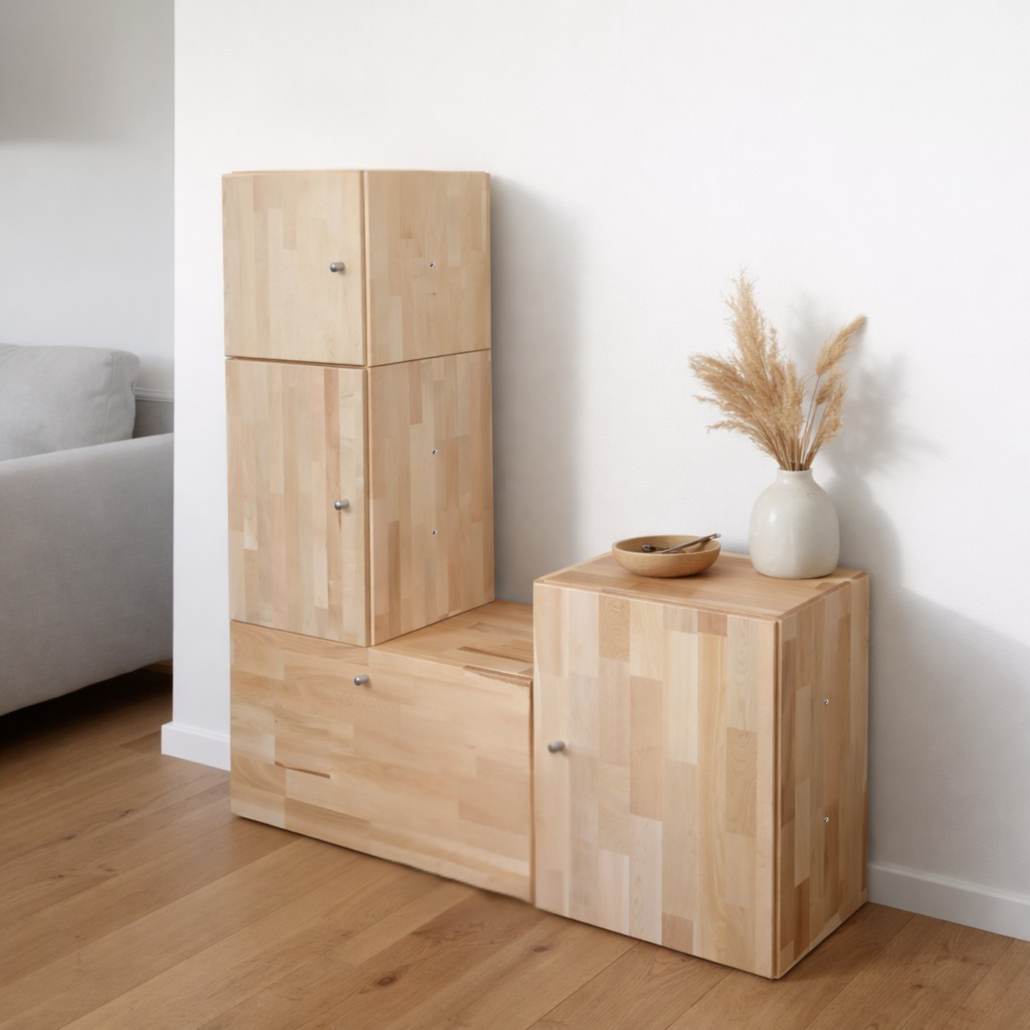 MOVE COMPACT Stauraum-Set in Wohnsituation – Natürliches Holz trifft auf klares Design